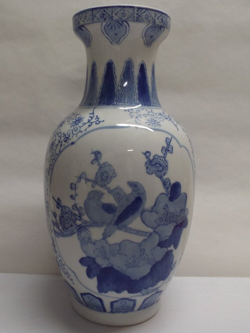 VINTAGE Blue and White Porcelain Vase w/ Hand painted birds and floral motifs
